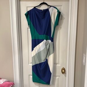 Elegant Donna Karan Blue, Green, and Ivory Colorblock Dress